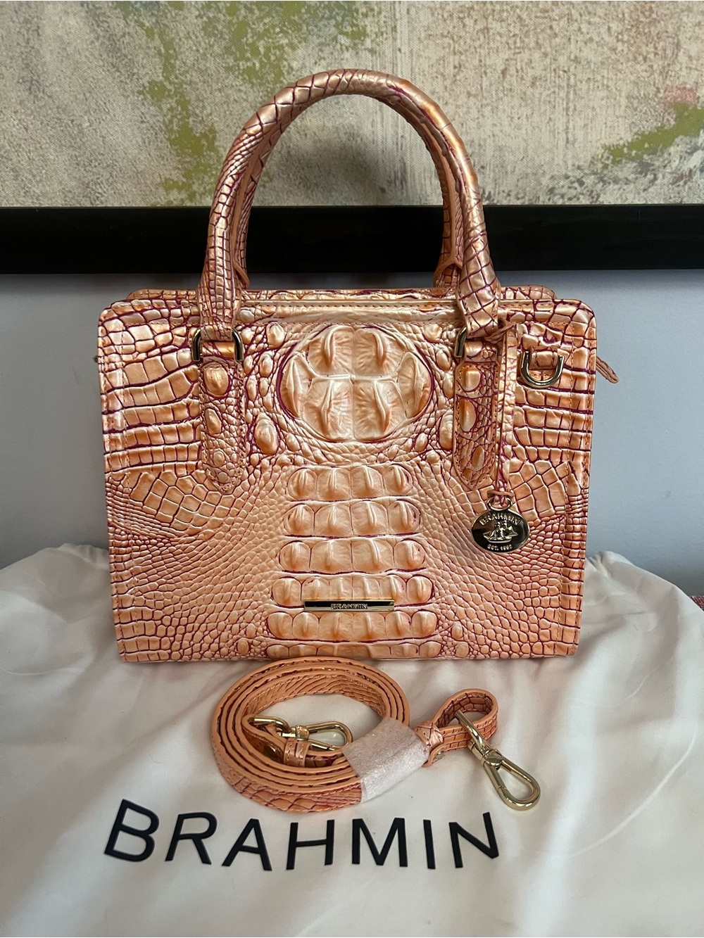 Brahmin Rose Gold Croc-Embossed Satchel - Picture 2 of 11